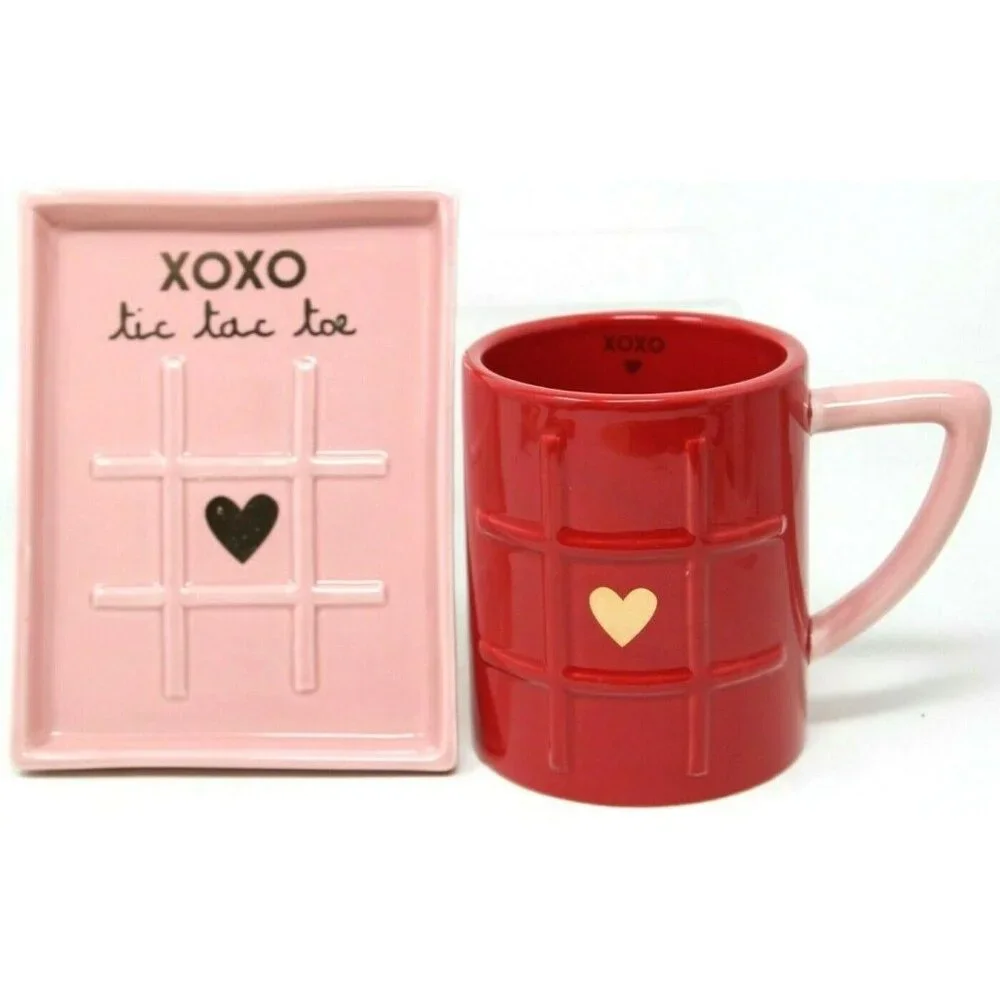 NEW MAGENTA Red Pink XOXO Tic Tac Toe Mug Coffee Cup & Tray Love Valentine RARE